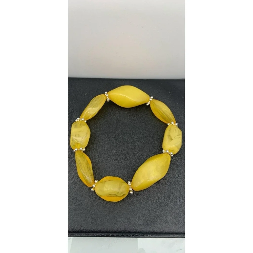 Pretty Yellow And Silver Tone Acrylic Swirl Stretch Bracelet